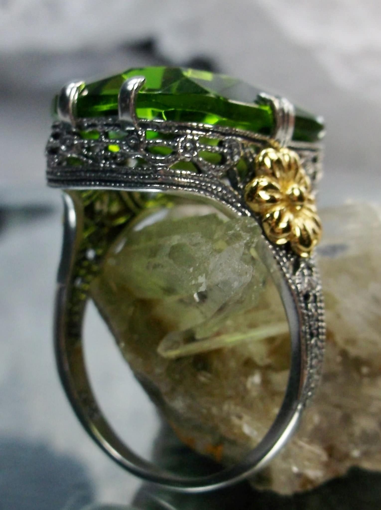 Peridot Green Gemstone Ring/ Sterling Silver/ Simulated Peridot