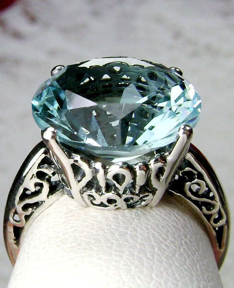 Aquamarine Blue Ring/ 925 Sterling Silver/ 5ct Simulated Blue Aquamarine, Swirl Filigree, Vintage Revival Jewelry [Custom Made] Design#4