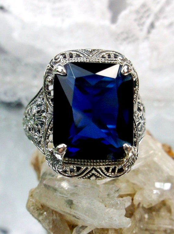 Sapphire Ring, 5ct Oval Simulated Blue Gem, Sterling Silver Floral Victorian Filigree custom Made Autumn Design200 - Etsy Sapphire Ring, 5ct Oval Simulated Blue Gem, Sterling Silver Floral Victorian Filigree custom Made Autumn Design200 - Etsy
