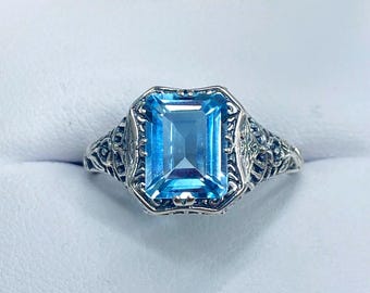Natural Blue Topaz Ring / Size 8 / Sterling Silver/ Natural 2.8ct Topaz Edwardian Lovely Rectangle Filigree Ring [In Stock]Design#148