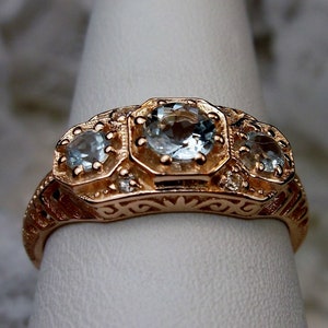 Natural Topaz Ring/ Rose Gold & Sterling Silver/ Natural Sky Blue Topaz Trinity Dainty 3Stone Art Deco Filigree [Made to Order] Design#161