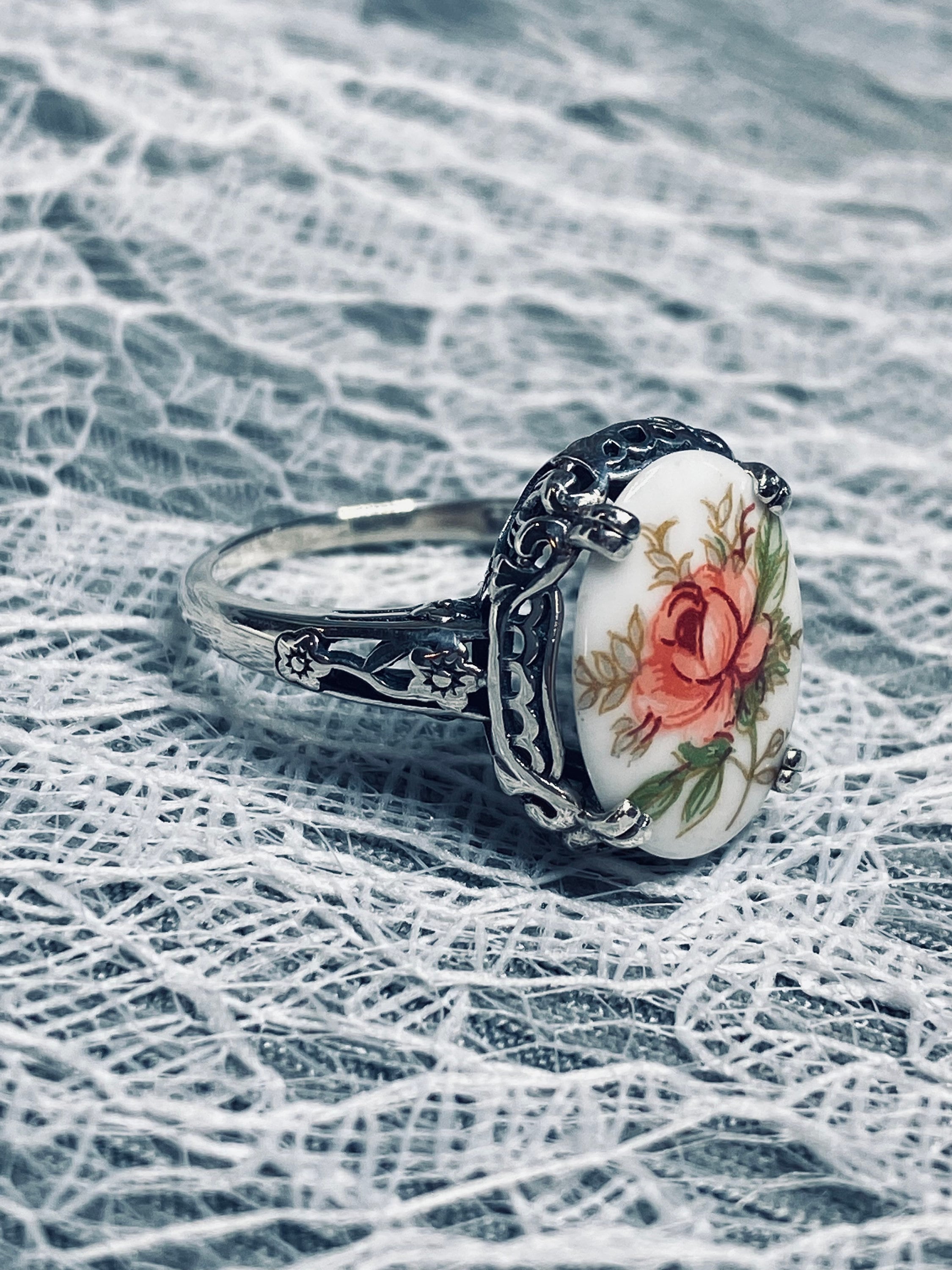 Painted Pink & Green Flower Cameo Ring/ Sterling Silver Enamel