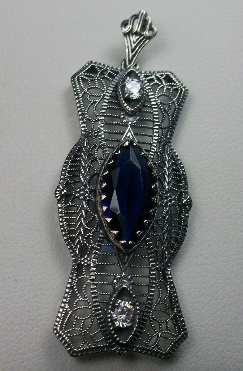 Sapphire Necklace Simulated Marquise Gem With CZ Accents