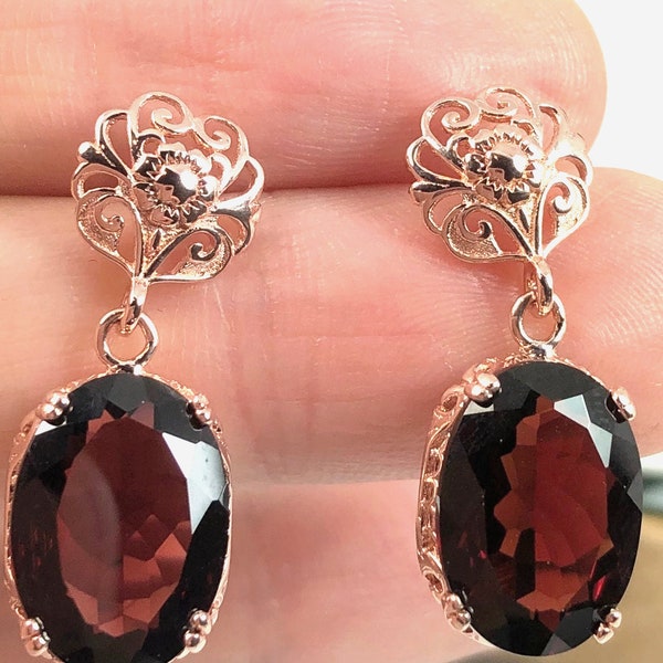 Natural Red Garnet Earrings/ Rose Gold & Sterling Silver/ Oval Gem Dangle Drop Edwardian Art Deco Filigree [Made To Order] Design#70