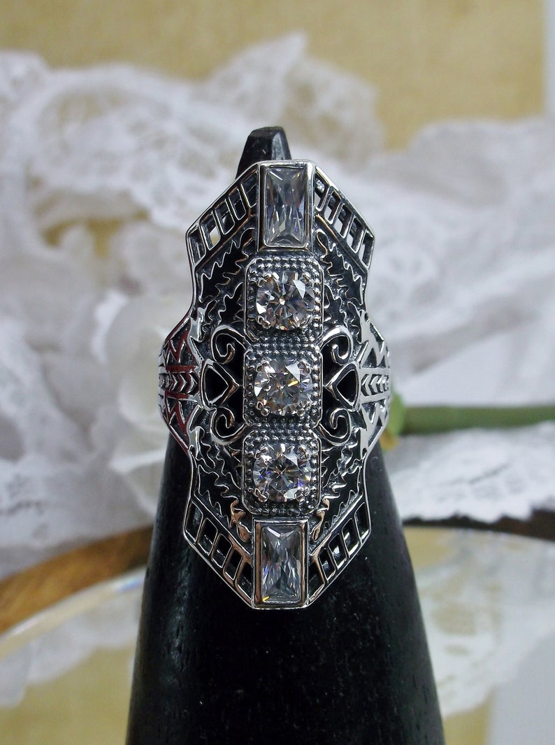Design#214 White CZ Ring Solid Sterling Silver White Cubic Zirconia Long Art Deco 1930s Filigree Ring Made to Order