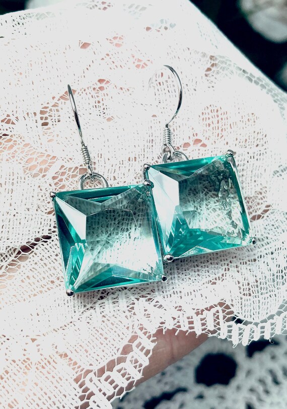 Aquamarine Earrings, 20ct Square Simulated Gems, Sterling
