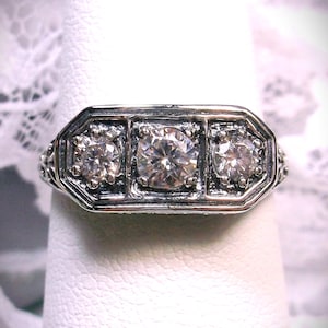 White Sparkling Trinity Ring, Sterling Silver, White CZ, Natural Topaz or Lab Moissanite Lily Leaf Deco Filigree [Made To Order] Design#197