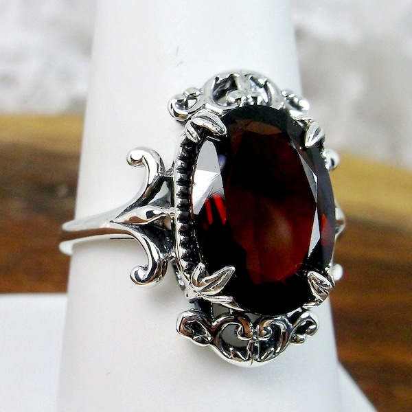 Natural Garnet Ring | Sterling Silver 7ct Oval Cut Red Faceted Gemstone Sterling Silver Gothic Leaf Filigree [Made To Order] Design#84