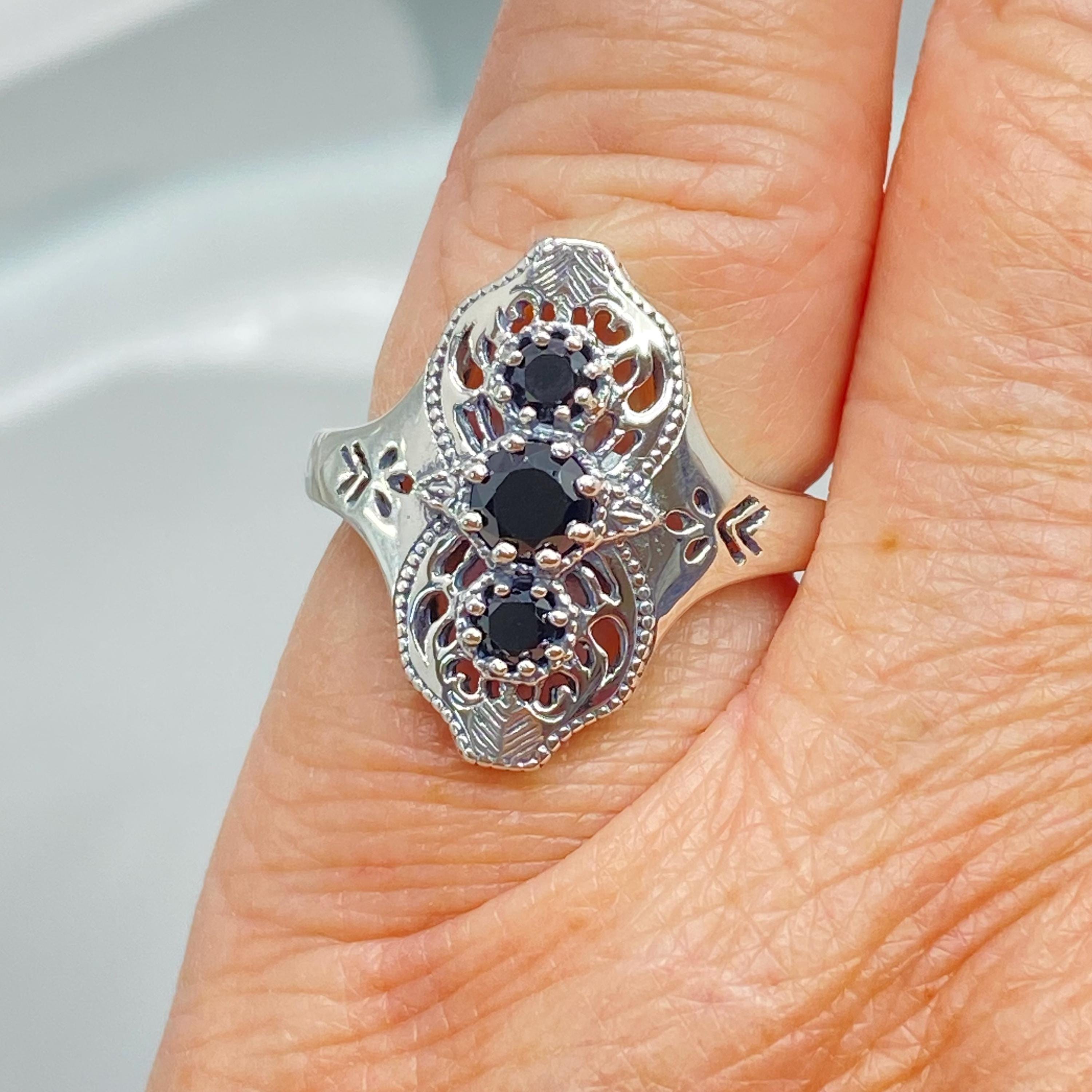 ブラックCZスターリングシルバーリング：アールデコギャツビー