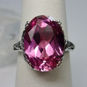 Natural Pink Topaz Ring| Sterling Silver| 10K | 14K | 6.9ct Oval Natural Pink | Floral Art Deco Edwardian Filigree [Made To Order] Design#70