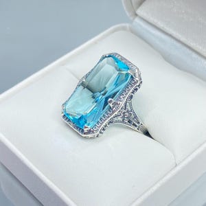 Aquamarine Ring with 7ct Simulated Baguette Gem in sterling silver Edwardian Filigree [Custom Made to Order] Design#232