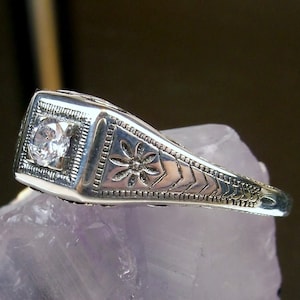 White CZ Ring - Size 9.5/ Antique Art Deco Sterling Silver Wedding Filigree [Ready to Ship] Design#155