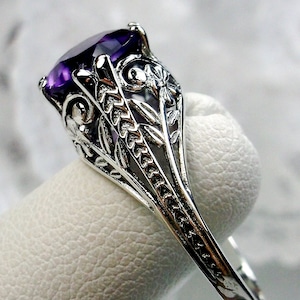 Pierścionek z ametystem/Srebro próby 925/2-karatowy okrągły fioletowy ametyst, edwardiański Art Deco 2Fleur Floral Filigree [Wykonany na zamówienie] Wzór nr 159