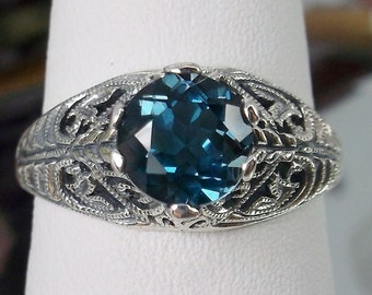 Topaz Ring/ Natural London Blue Topaz Sterling Silver Wedding Art Deco Filigree (Custom-Made){Design #199}