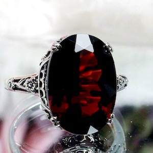 Natural Red Garnet Ring Sterling Silver | 7ct Oval Cut Genuine Gemstone Floral Art Deco Edwardian Era Filigree [Made To Order] Design#70