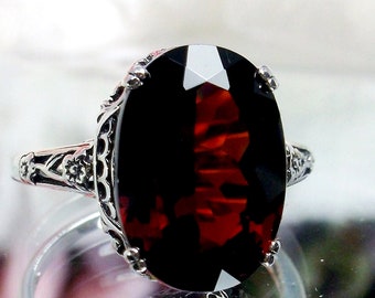 Natural Red Garnet Ring Sterling Silver | 7ct Oval Cut Genuine Gemstone Floral Art Deco Edwardian Era Filigree [Made To Order] Design#70