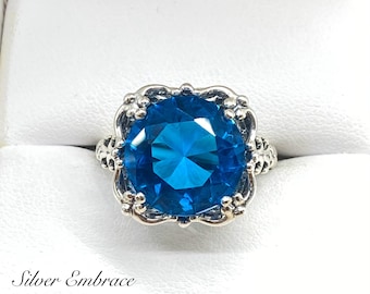 Swiss Blue Ring | Size 5 | Simulated 6ct Topaz with Sterling Silver Filigree [Ready to Ship] Speechless Design 103
