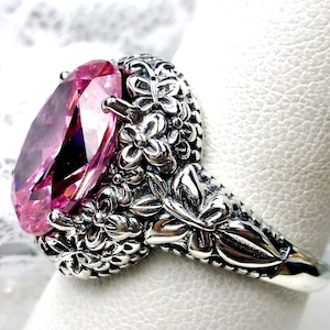 Pink Gem Ring | Sterling Silver 6ct Oval Faceted Pink CZ or 7ct Natural Topaz Gemstone Butterfly Floral Filigree [Made To Order] Design#79