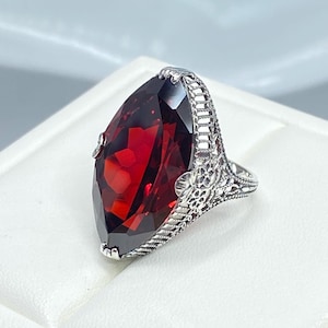 Garnet CZ Ring  -  Marquise Cut 13ct CZ Gem, Sterling Silver Floral & Palisade Filigree [Made To Order] Design#39