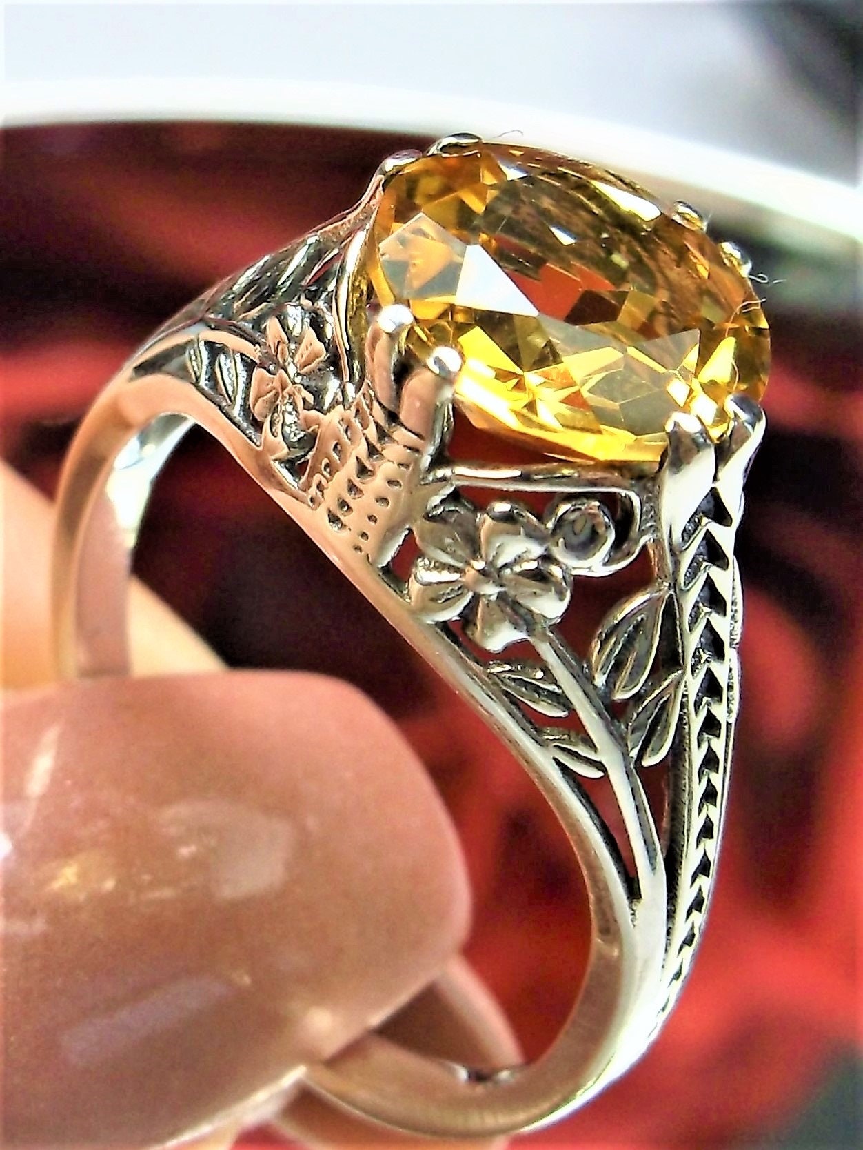 Antique Finish Filigree Sterling Silver Ring With Genuine Citrine (1.8 CT. T.W) - Round Cut, 8mm - View #11