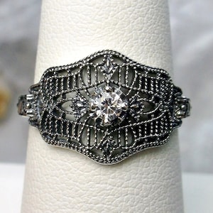White Gemstone Ring/ 925 Sterling Silver/ White CZ, Moissanite, or Diamond Art Deco/Victorian Filigree [Custom-Made] Design#218