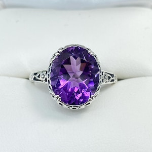 Natural Amethyst Ring - Oval 3.3ct Amethyst with Sterling Silver Floral Edwardian Filigree [Custom Made to Order] Design#70z