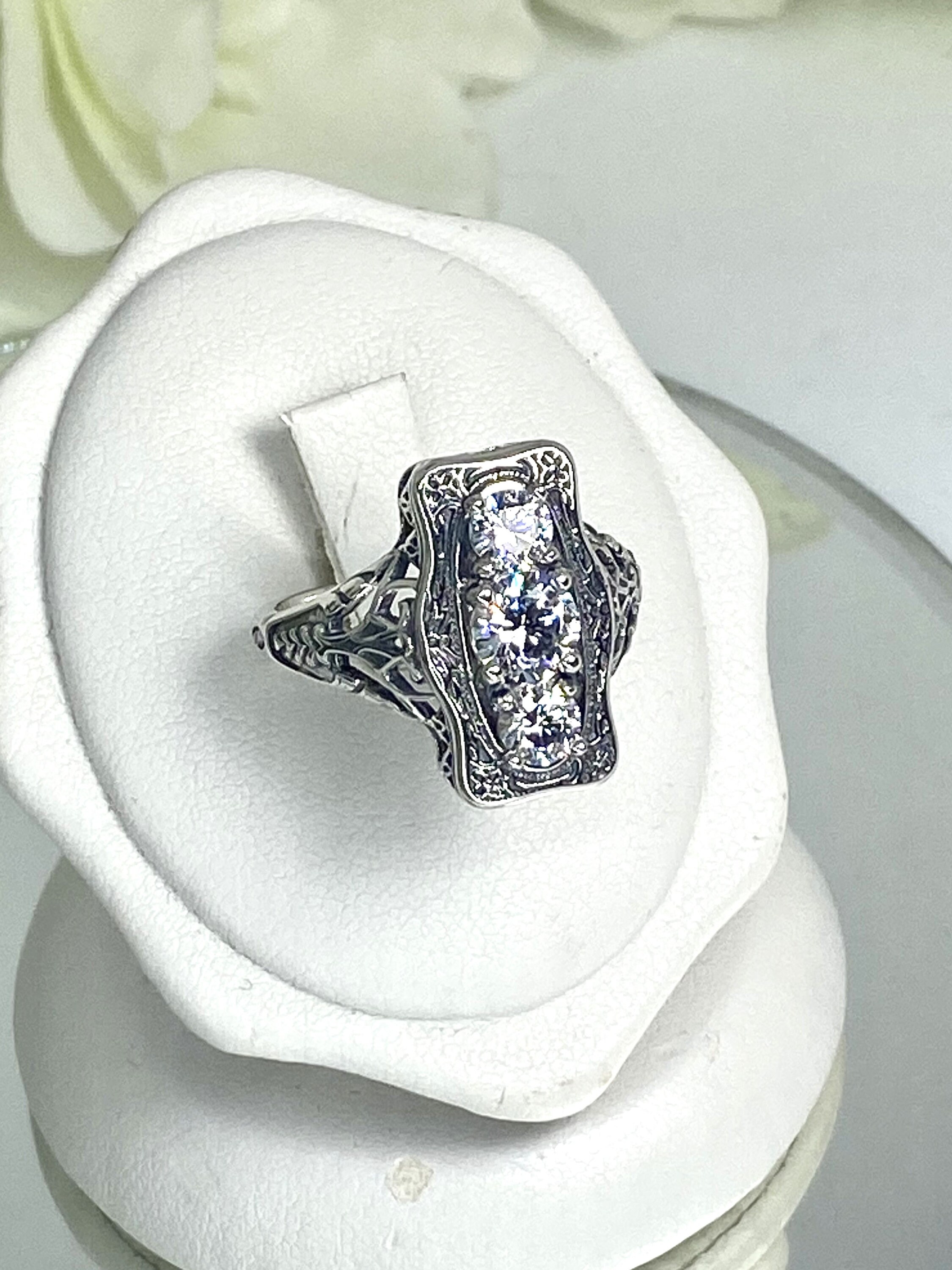 Silvershake Art Deco 3-Stone Amethyst Ring - 925 Sterling Silver, White Gold Plated, Size 6 - View #4