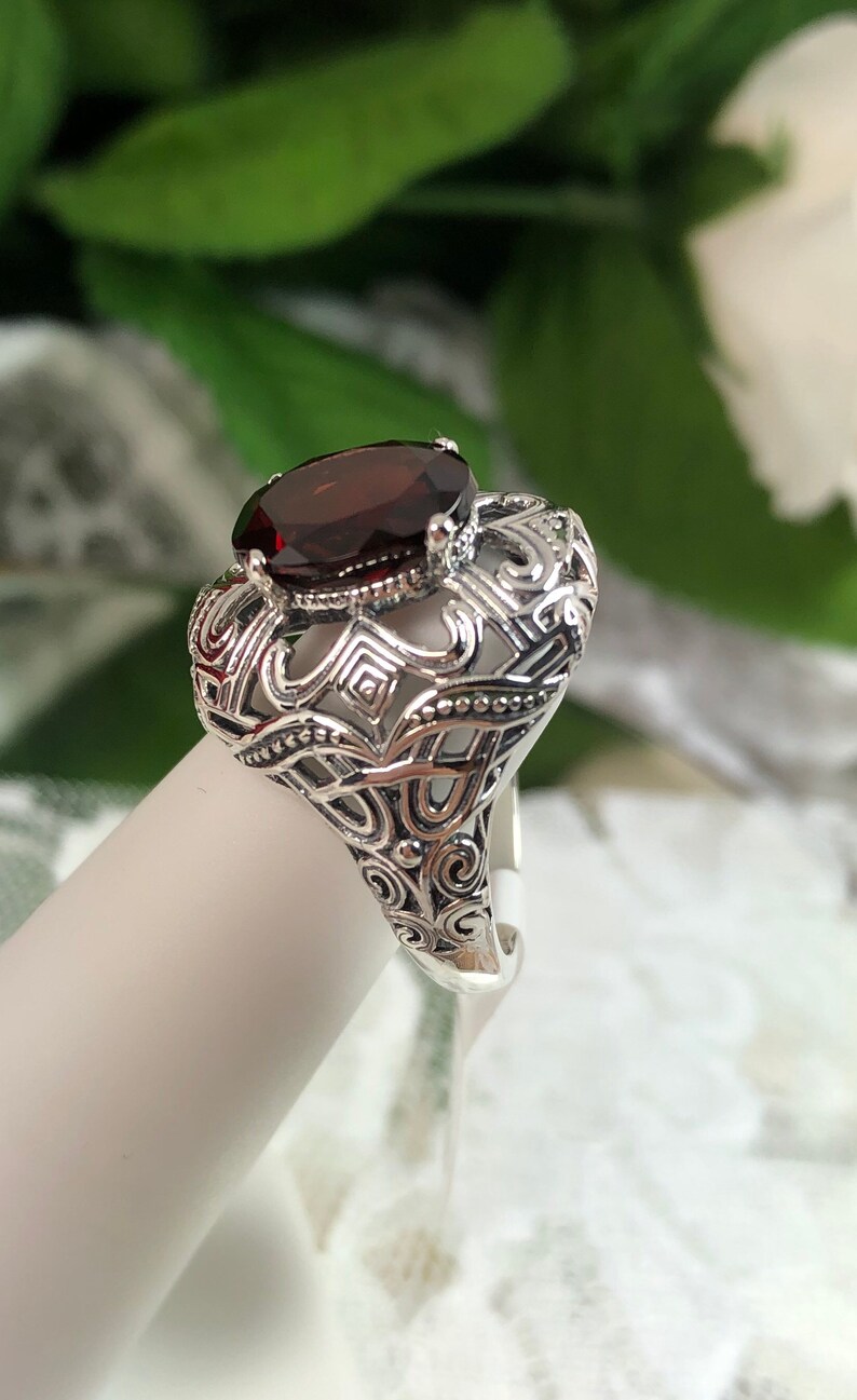 Custom Made Silver Deco Swirl Filigree Design#168 Natural Garnet Ring Solid Sterling Silver Oval 3.63ct Natural Garnet