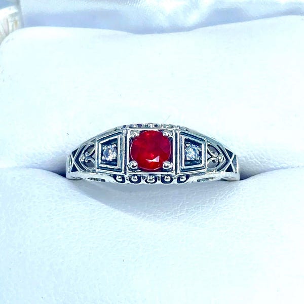 Pierścionek z naturalnym rubinem | Rozmiar 7,5 | Srebro próby 925 w stylu edwardiańskim i art déco, filigran [W magazynie] Wzór nr 49