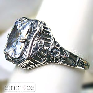 White CZ Ring Size 9 / Sterling Silver/ White Cubic Zirconia Edwardian Lovely Rectangle Floral Filigree [In Stock-Ready to Ship]Design#148