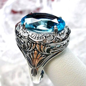Aquamarine Blue Ring Size 8 | Sterling Silver 8ct Oval Simulated Gemstone Art Deco/Victorian Filigree [Ships Now] Design#217