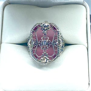 Pink Camphor Ring, Size 6/ Rose Camphor Glass with Moissanite Inset and Sterling Silver Art Deco 1930&#39;s Style Filigree [In Stock] Design#203