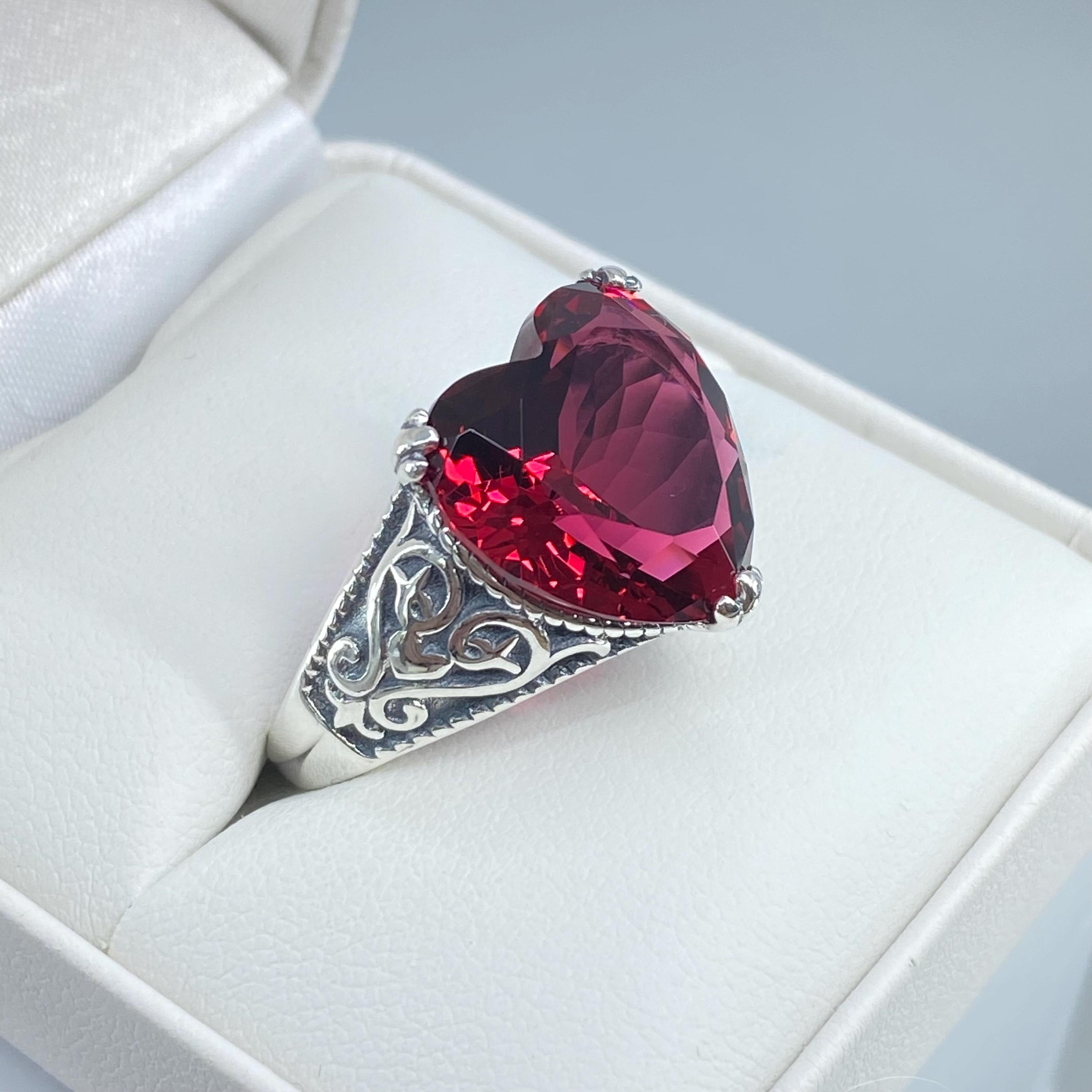 Bague En Argent Sterling 925 Cœur Rouge Grenat - Style Gothique, Amour Ou Mariage