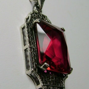 Ruby Necklace, 9ct Simulated Red Gem, Art Deco 1930s sterling Silver Lantern Filigree [Custom Made] #P13