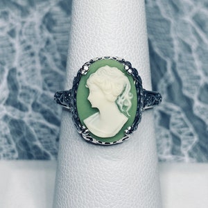 Cameo Lady Ring/ Solid Sterling Silver/ Green & Ivory Silhouette Floral Filigree Edwardian Revival Jewelry [Custom Made] Design#70