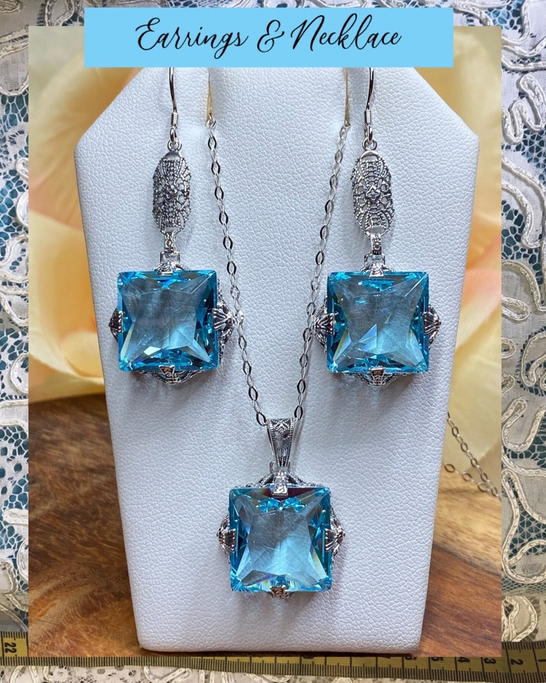 Aquamarine Blue Pendant Necklace / Sterling Silver/ Square Cut Etsy
