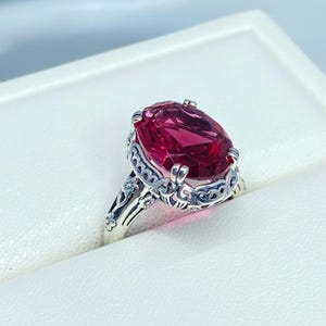 Ruby Ring • 6ct Oval Faceted Simulated Gem • Edwardian Sterling Silver Filigree • Custom Made | Design#70