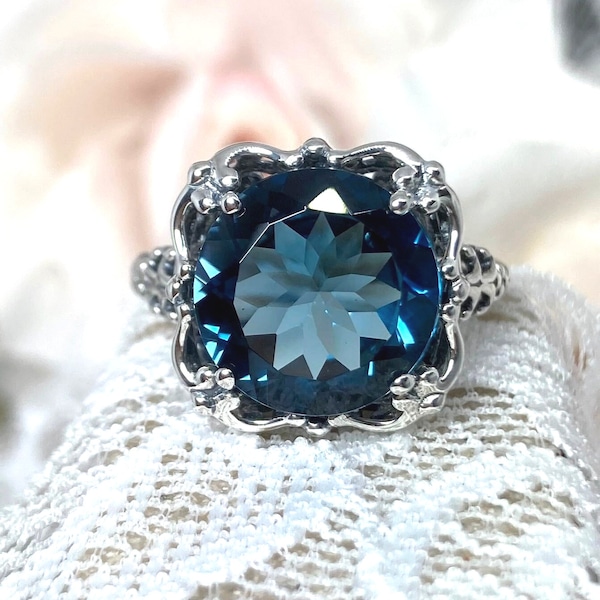 London Blue Topaz Ring Solid Sterling Silver or Gold 7ct Round Natural Topaz Victorian Filigree [Made To Order] Speechless Design#103