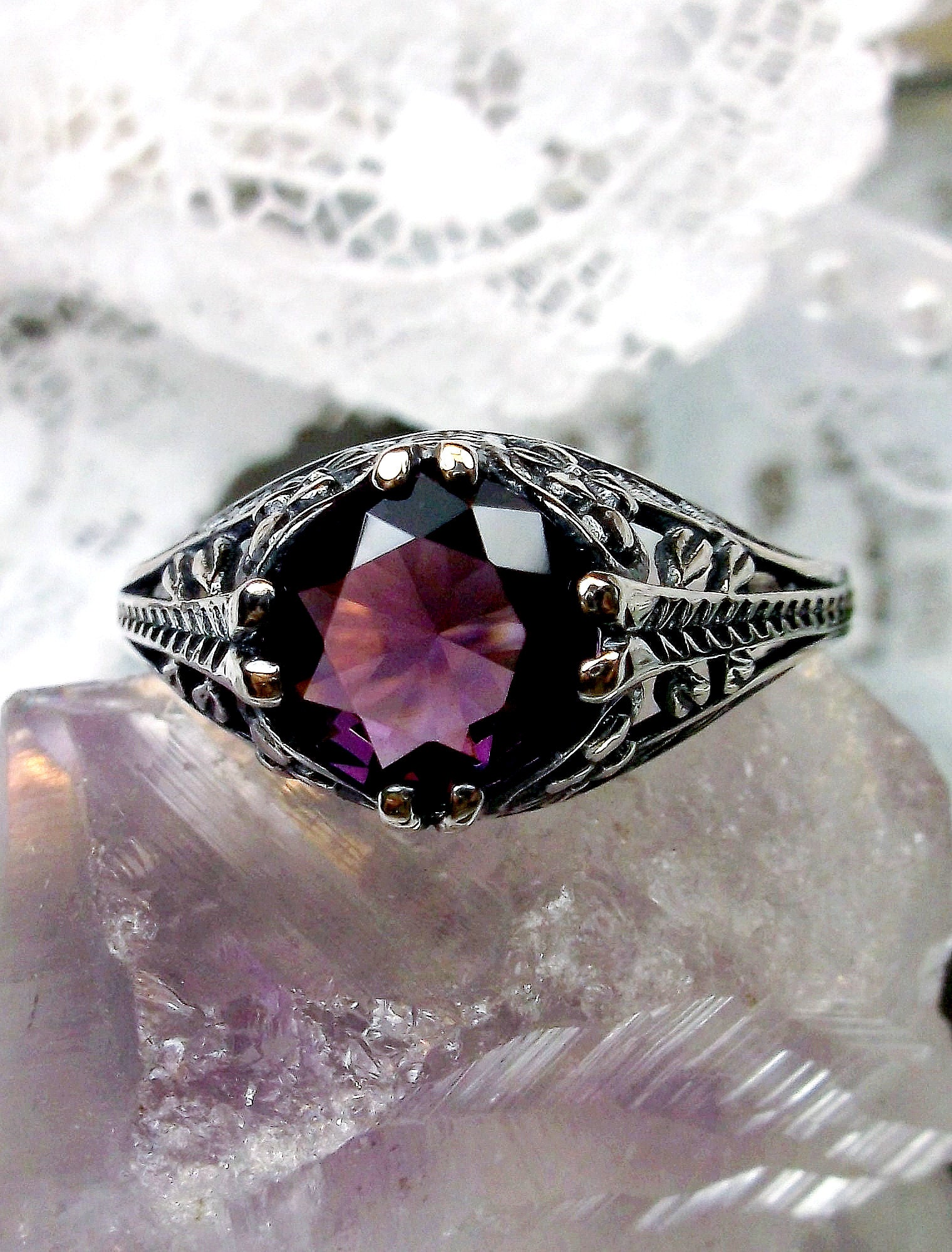 El Joyero Adjustable Amethyst Gemstone Ring - Silver Plated Brass Handmade Boho Style Ring