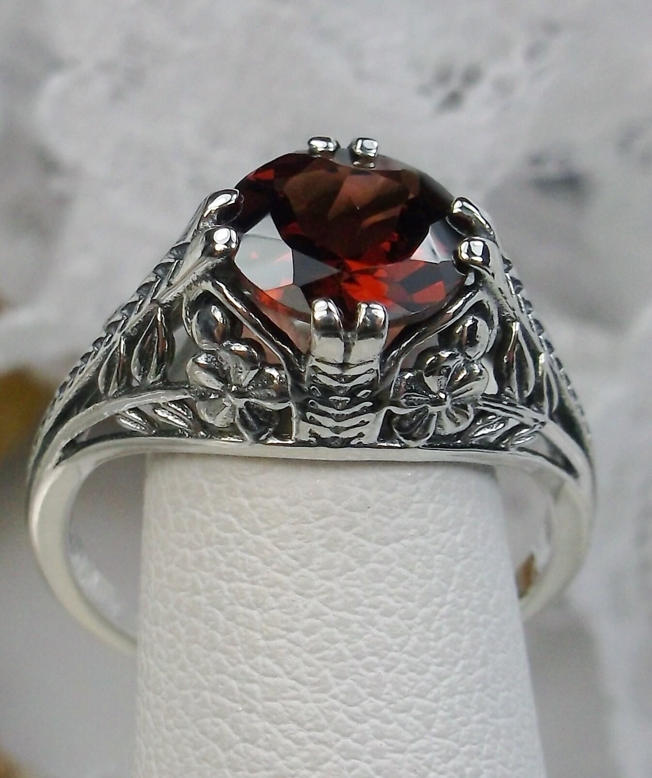 3ct *Garnet* Sterling Silver Victorian Floral Filigree Ring Size {Made To Order} 