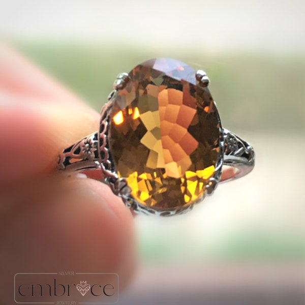 Natural Orange Citrine Ring/ Solid Sterling Silver/ 4ct Oval Cut Gemstone Floral Edwardian Filigree [Custom Made] Design#70