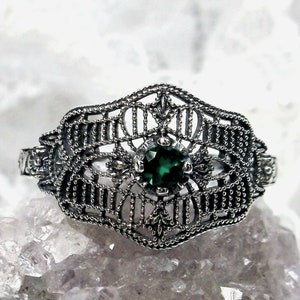 Natural Emerald Ring Solid Sterling Silver/ Natural Green Emerald Art Deco Victorian Filigree [Custom-Made] Design#218