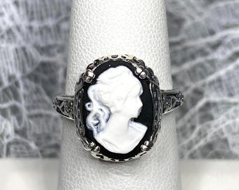 Cameo Lady Ring 925 Sterling Silver Black White Silhouette Lady