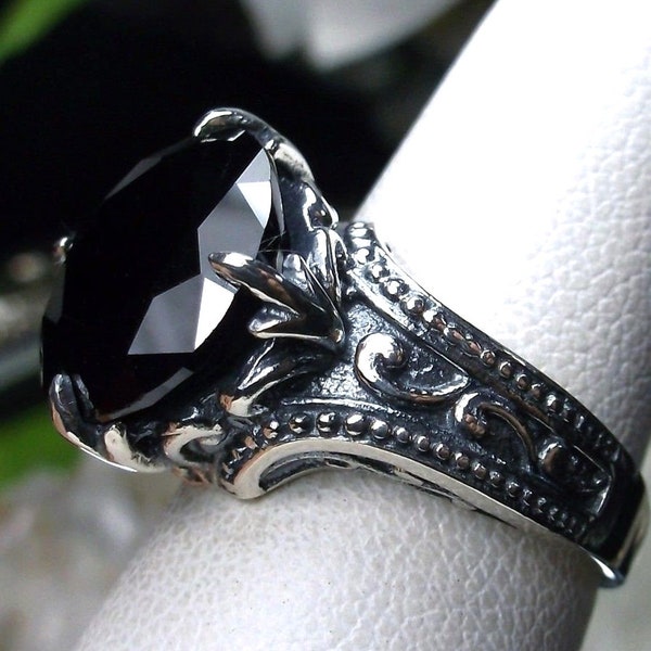 Onyx Ring / 5ct Round Cut Faceted Black CZ or Genuine Onyx Sterling Silver Gothic Claw Filigree Jewelry [Made To Order] Design#87
