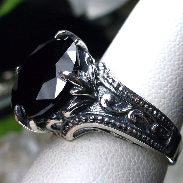 Bague en onyx / CZ noire à facettes rondes de 5 carats ou bijoux en filigrane en argent sterling avec griffes gothiques en onyx véritable [fabriqué sur commande] Design # 87