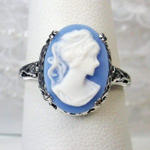 Cameo Lady Ring/ Sterling Silver/ Blue & White Silhouette Floral Detailed Filigree Edwardian Revival Jewelry [Custom Made] Design#70
