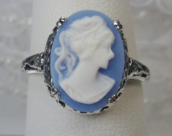 Cameo Lady Ring/ Sterling Silver/ Blue & White Silhouette Floral Detailed Filigree Edwardian Revival Jewelry [Custom Made] Design#70