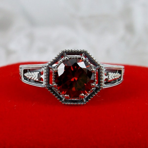 Red Garnet Ring 925 Sterling Silver/ 2ct CZ or Natural Red Garnet Floral Art Deco Eiffel Filigree [Made To Order] Design#240