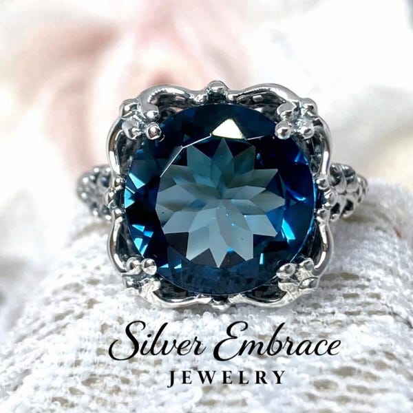 London Blue Topaz Ring • Sterling Silver • 7ct Round Cut Natural Topaz • Victorian Ornate Filigree • Made to Order | Speechless Design#103
