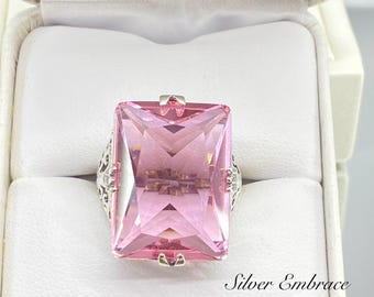 Pink Topaz Ring Size 6 - Rectangle 30ct Huge Topaz with Sterling Silver Art Deco Filigree [Ready to Ship] Design#9